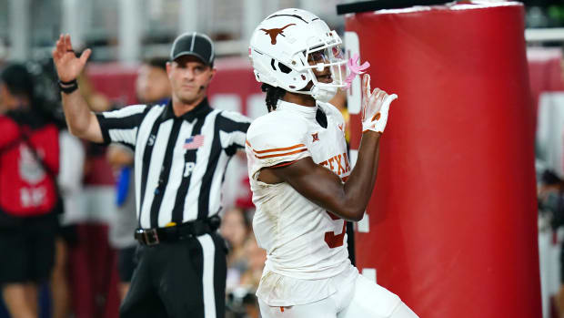 Sep 9, 2023; Tuscaloosa, Alabama, USA; Texas Longhorns wide receiver Adonai Mitchell (5) celebrates his touchdown pass against the Alabama Crimson Tide during the fourth quarter at Bryant-Denny Stadium. Mandatory Credit: John David Mercer-USA TODAY Sports